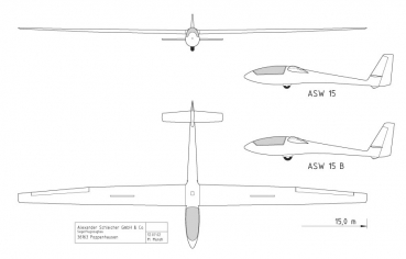 Dreiseitenansicht der ASW-15B mit freundlicher Genehmigung der Fa.Schleicher
