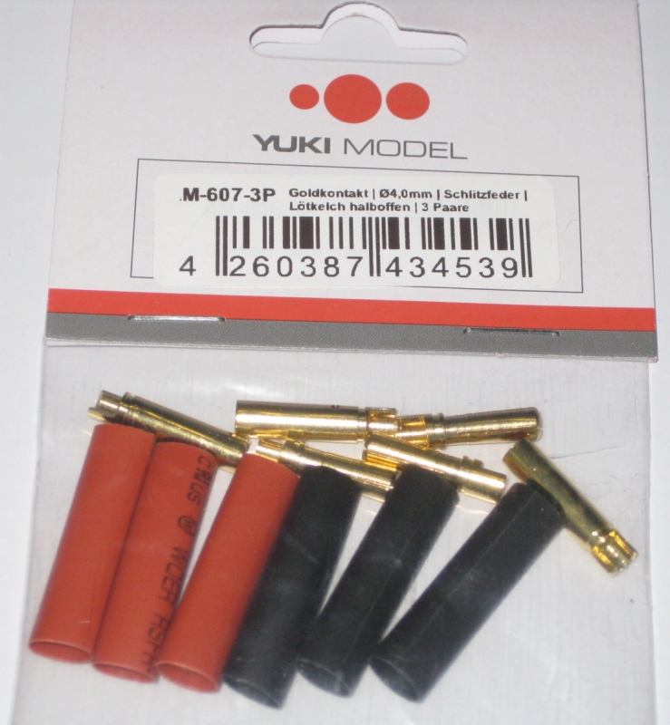 4mm Goldkontakte Stecker mit Schlitzfeder Lötkelch halboffen mit Schrumpfschlauch VE = 3 Paar