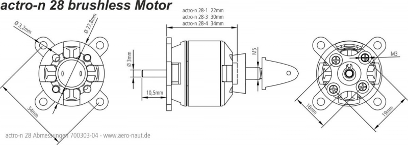 actro-n brushless AL 2830-1300KV mit Ø 3,0mm Welle für 2-3S Lipo Aeronaut 700303