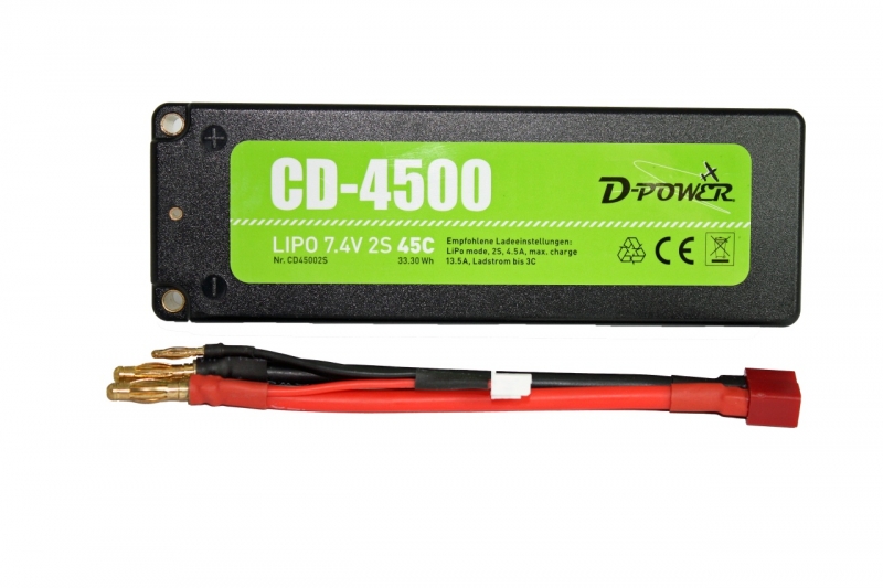 D-Power CD-4500/2S Lipo 7.4V 2S 45C mit T-Stecker Hardcase für RC Cars
